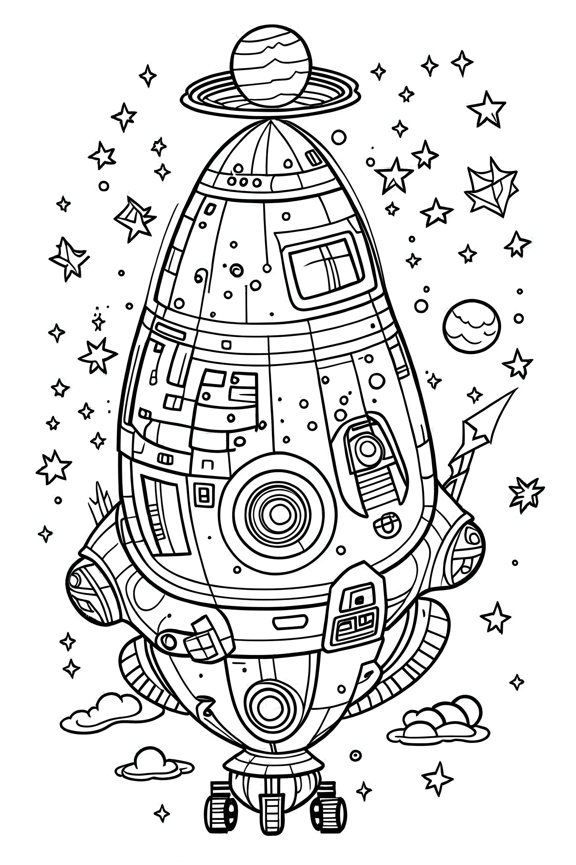 outline art for cute space coloring pages with spaceship for young children, white background, sketch style, full body, only use outline, clean line art, no shadows and clear and well outlined, no color