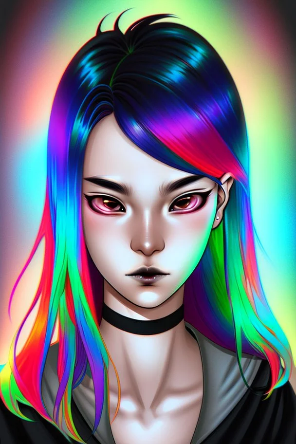 asian androgynous girl, in detailed comic illustration, piercings,rainbow hair, androgynous look, epic colour treatment, cinematic colour treatment