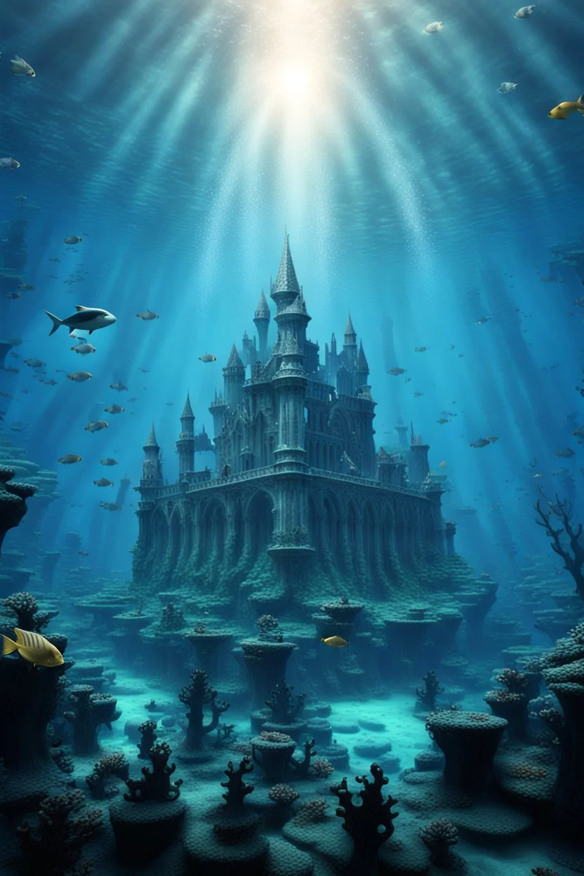 an ancient castle from atlantis in the middle of the ocean surrounded by fish, digital fantasy art, in deep sea water, it is an stunning etheral old place, an ecological gothic scene, underwater photograph, reconstruction, stunning ruins, flooded monuments, high detalies, sharp focus, realistic