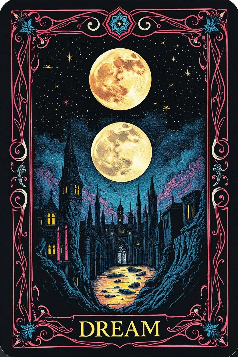 in center stunning deep colors alcolhol ink tarot card with full moon and weird fantasy cityscape, dark sky, stars, occult forces, text:"DREAM", sharp focus, beautiful ornamentic frames on card, detalied, fantasy, black background, card style