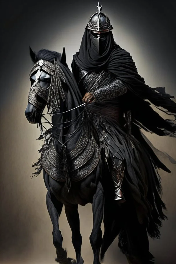 Arab warrior Full Body Full Armored Wearing Face Masculine Mysterious Powerful Fantasy High Quality Carrying his bow black clothes His horse behind him