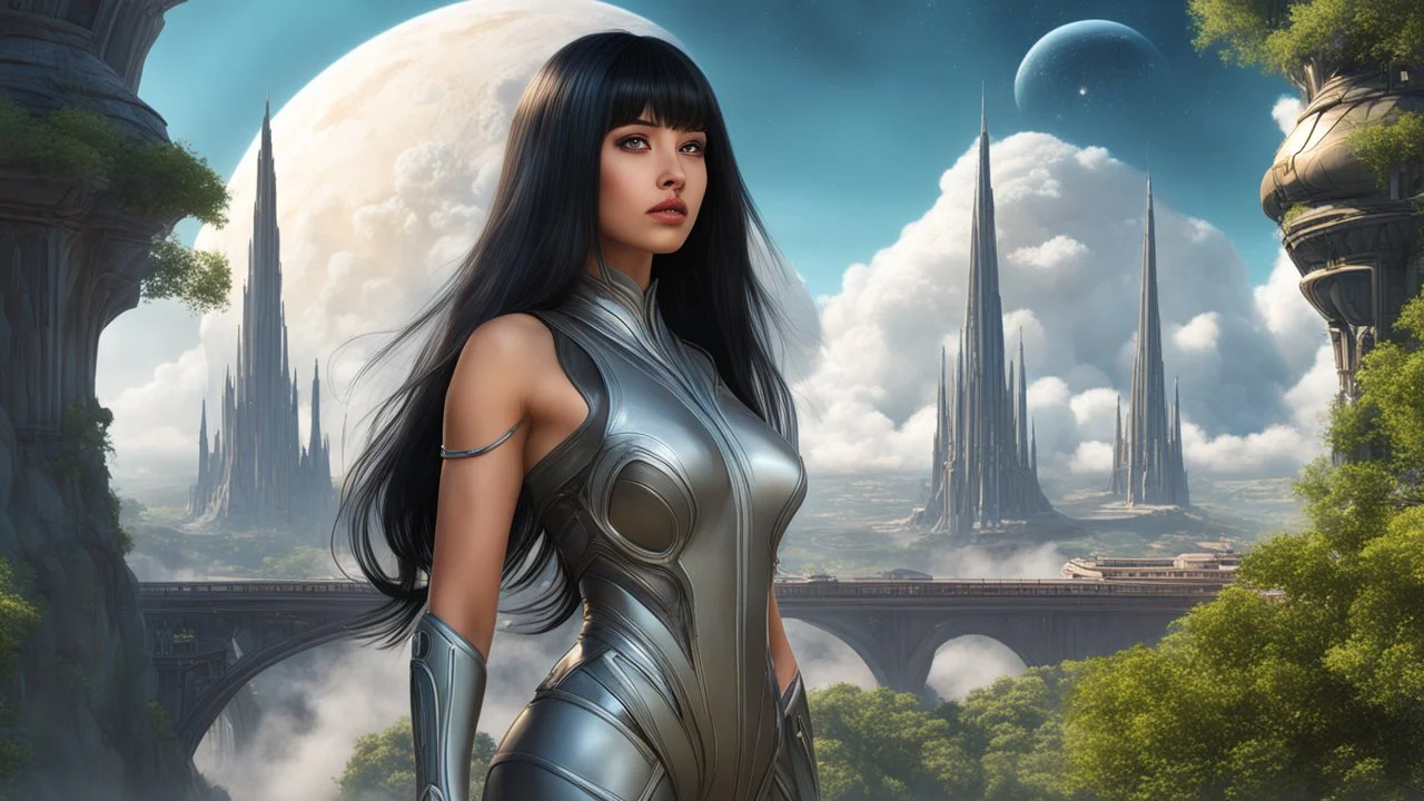 exotic slim sci-fi girl, with long dark hair with bangs, on an alien planet with tall cloud trees, tall spires, buildings, bridges, arches, photorealistic