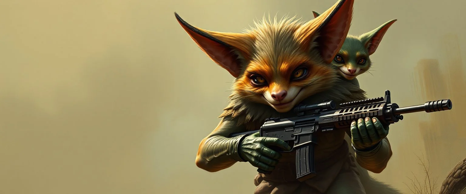 fox goblin gremlin holding uzis