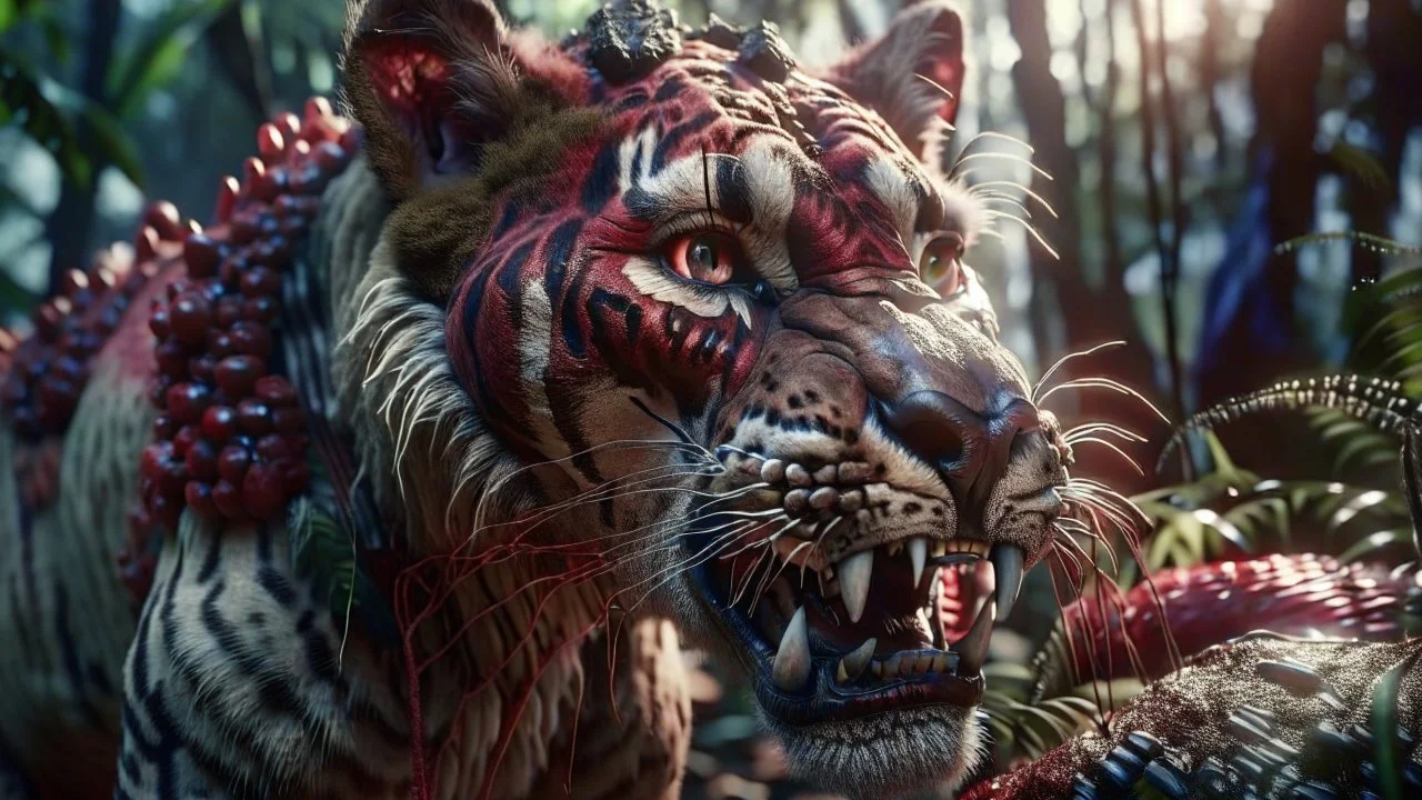 Huge saber-toothed cat with blood-shot eyes in the jungle with an intricately detailed face, long shot, professional photography, a breathtaking background cinematic side light, shot on dslr 64 megapixels sharp focus, canon lens, Hyperrealistic, concept art, 16k resolution