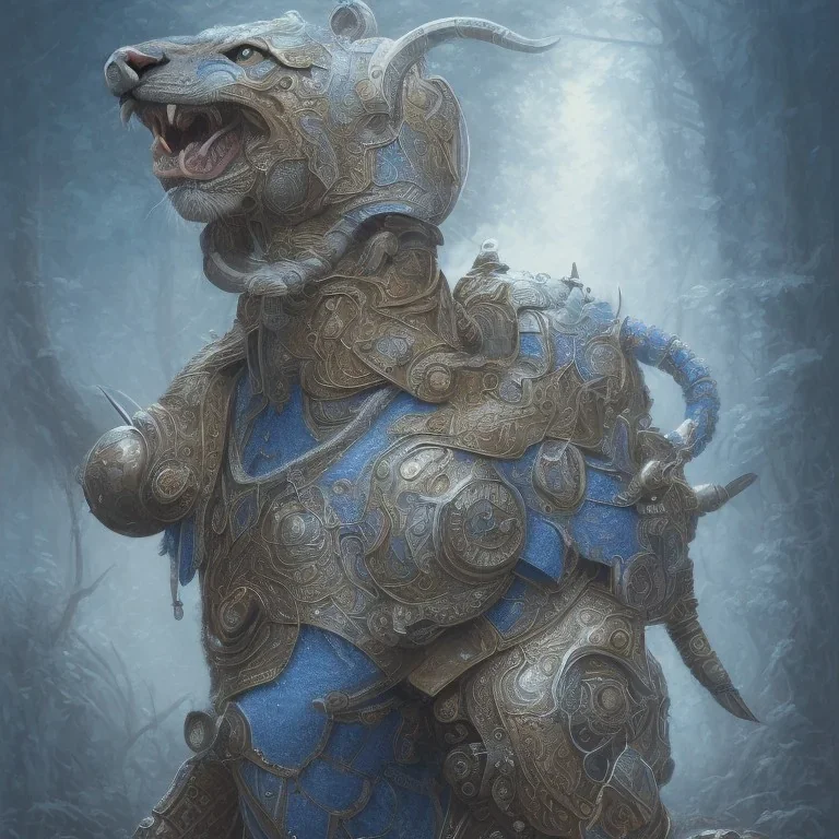 a cougar warrior in blue and white battle armor, a highly detailed illustration, background of Inka jungle, realistic render, 8 k, micro detail, intricate, elegant, centered, digital painting, Artstation, smooth, sharp focus, illustration, artgerm, tomasz alen kopera, peter mohrbacher, donato giancola, joseph christian leyendecker, wlop, boris vallejo