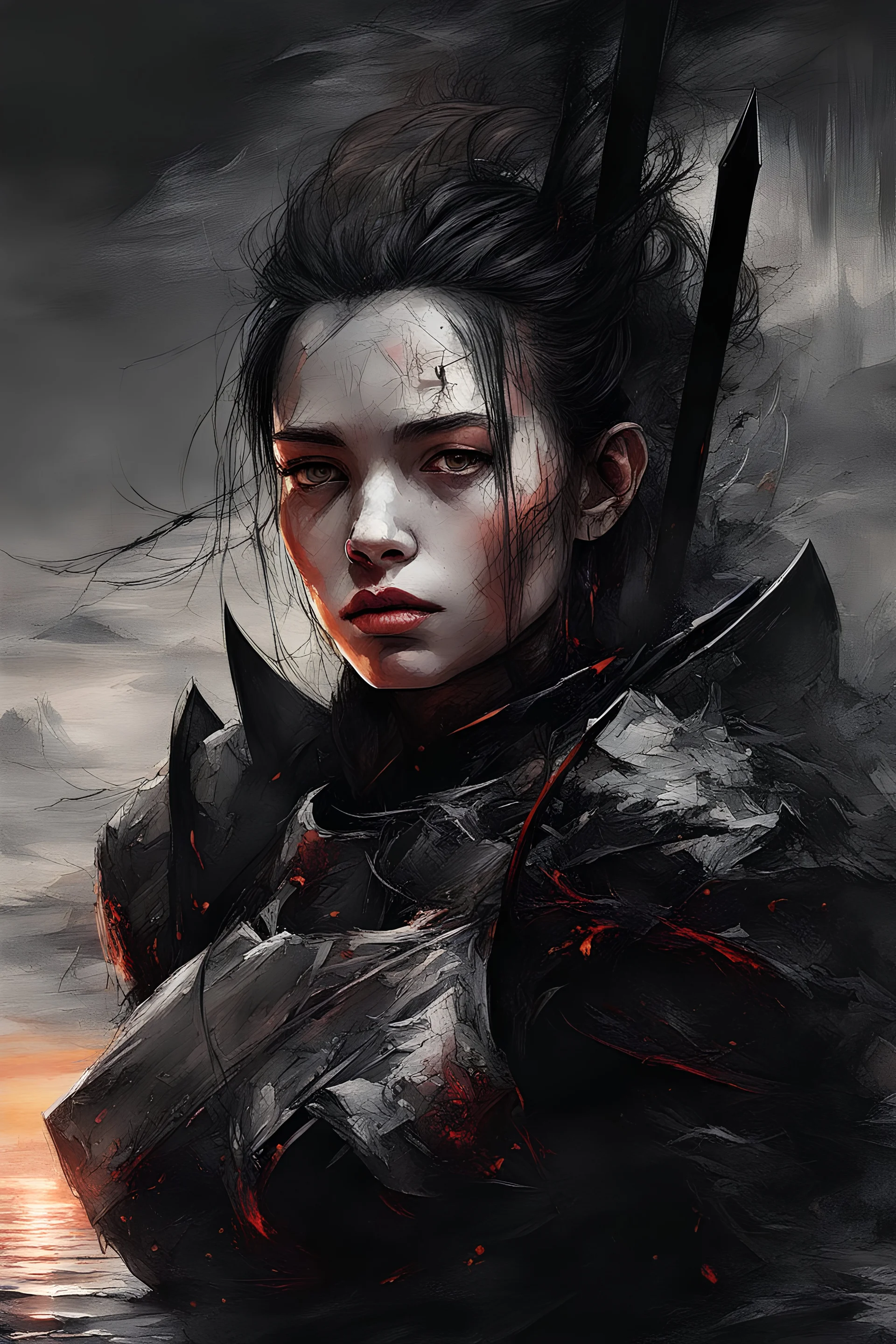 A formidable warrior girl in black armor, against the background of an amazing gloomy landscape flooded with sunset, mountains, trees, a fabulous scary hero, juicy emotions, painting, gloomy fantasy, gloomy day, dark world, portrait, oil and graphite, wide strokes, a weaving frame around, by Ryohei Hase, Agnes Cecile, Raymond Swanland, Anne Bachelier