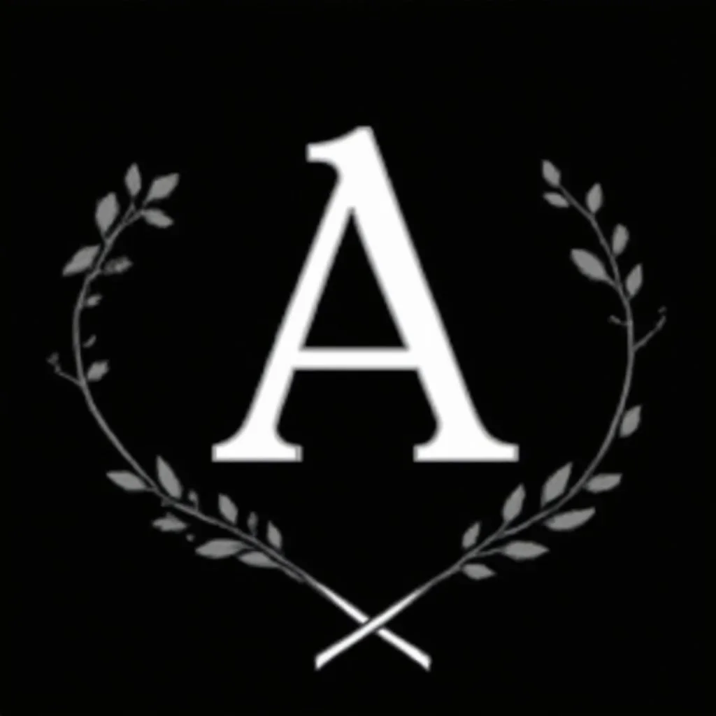 2 branches(crossed at bottom, arching wreaths), Letter A in Middle, light white vector on black background