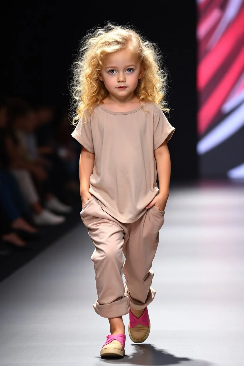 2 years old beautiful baby blue eyes girl fashion model in loose pants and loose top with blonde curvy wavy hair ,cat walks in runway,catwalk and pose at end with cute