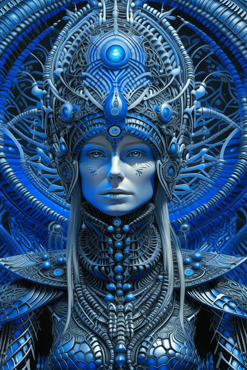 An alien wearing a bioluminescense blue zafír biomechanical silver metallic diadem headress, wearing biomechanical amalgamation style leather jacket dress ribbed with silver floral metallic filigree biomechanical vantablack pattern, organic bio spinal ribbed detail of gothic winter backround extremely detailed maximalist hyperrealistic portrait art