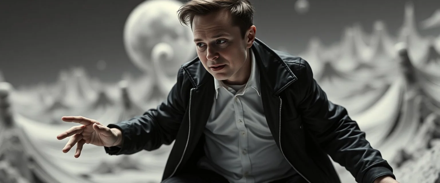 Elon Musk as midget skating in the style of Giger and Escher