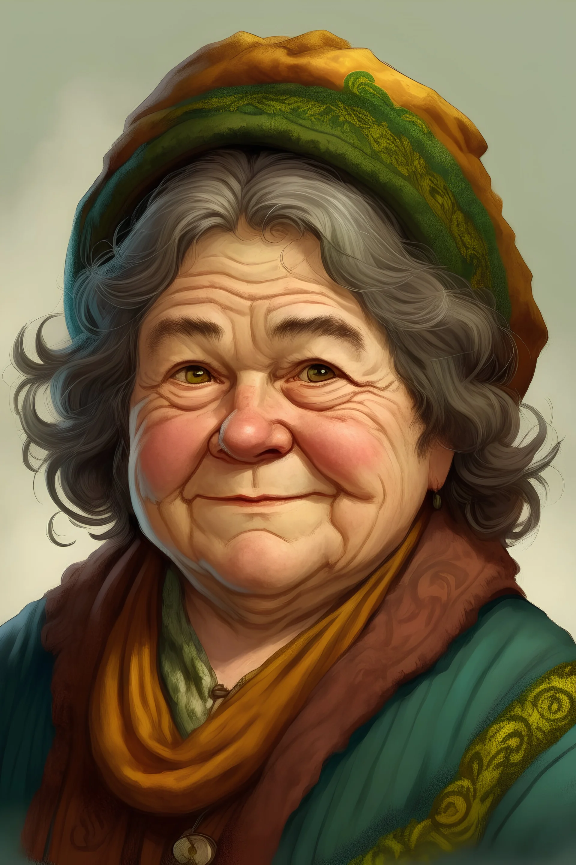 full colour portrait of a 45-year old dwarf woman who looks like miriam margolies