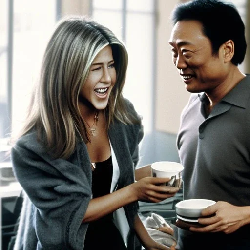 Jennifer Aniston and Ken Watanabe chatting happily over coffee