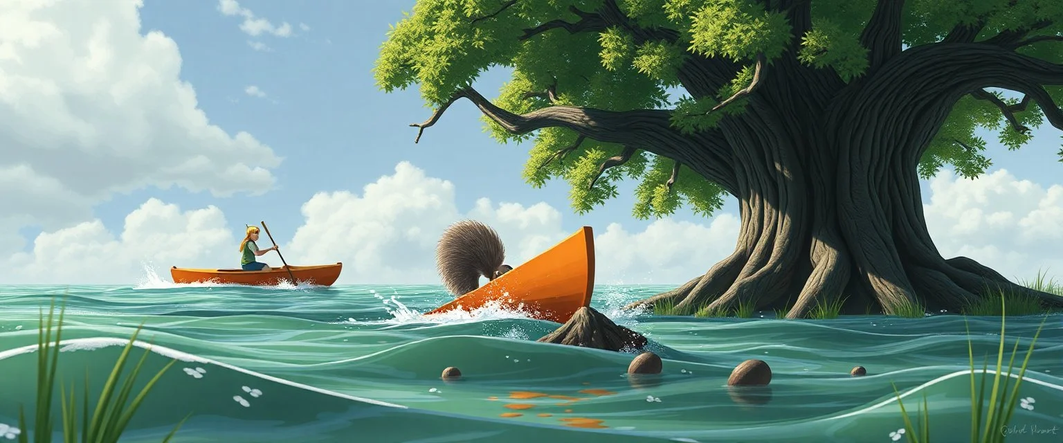 BIGALOW ERUPTS INTO CHEERS "SQUIRREL ISLAND, HERE WE COME – ACORN HEIST OF THE CENTURY!!!" Finn's paddling like crazy, I'm laughing so hard I'm paddling backwards We arrive at Squirrel Island – Bigalow leaps out, does a victory dance, and then... Starts digging like a maniac near the base of the oldest oak tree Finn whispers to me: "Think he knows the acorns are guarded by Squirrelzilla..." Suddenly, a fierce chattering noise echoes – A GIANT SQUIRREL EMERGES, EYES FIXED ON BIGALOW! Bigalow turn