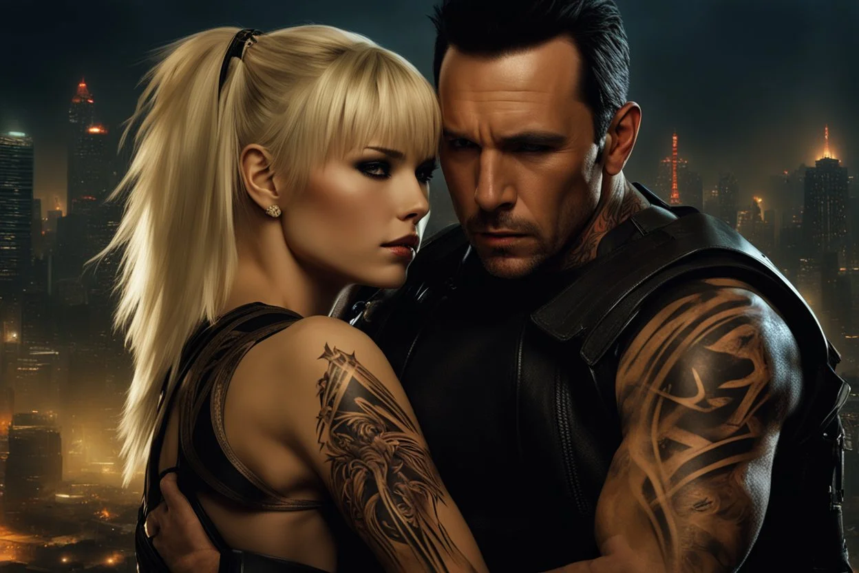 Jason David Frank short dark hair with tribal tattoos hugging pretty blonde shorthaired girl crying, photo realistic, modern dark fantasy, cityscape