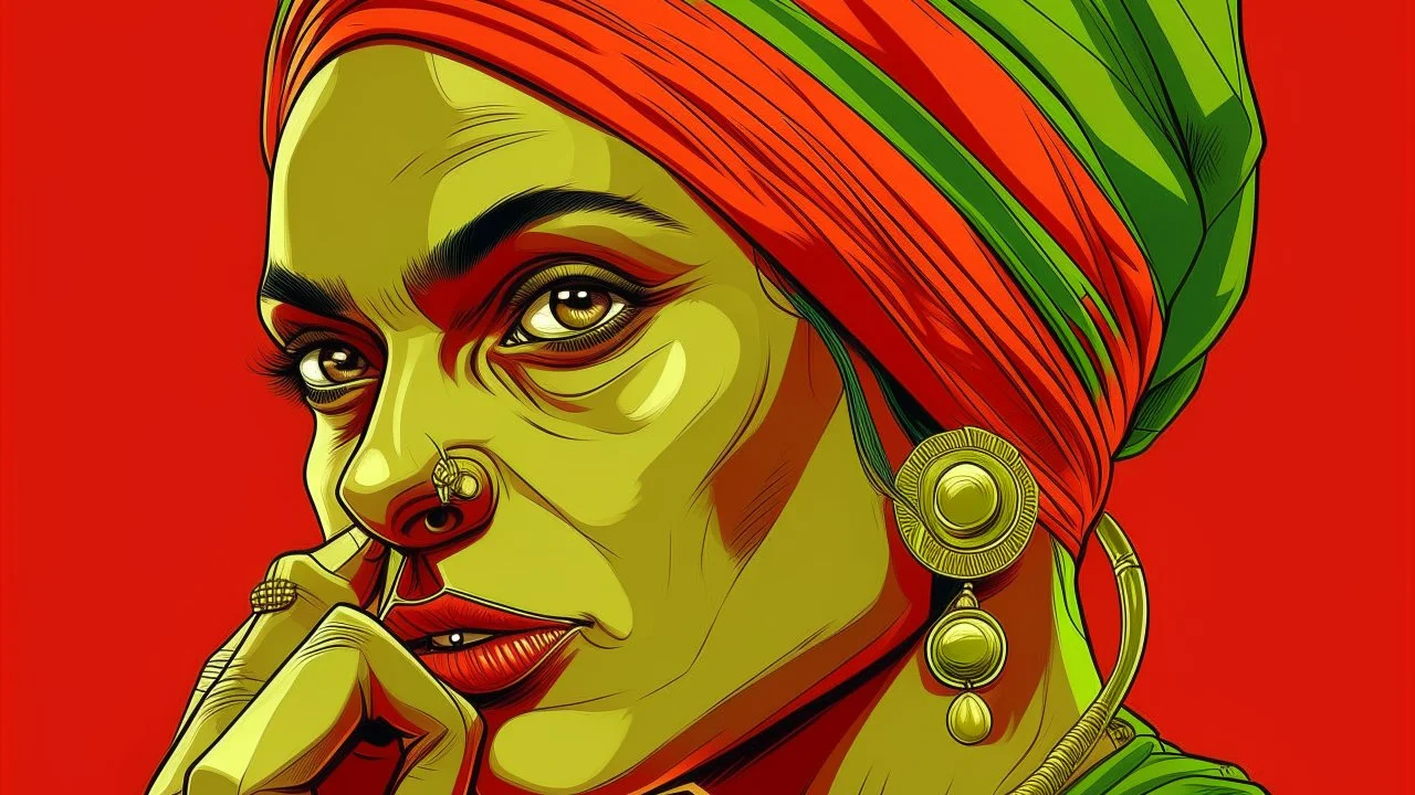 Extreme close-up portrait of a 36-year-old Indian woman wearing a red turban and golden earrings, intense eye makeup, a small green praying mantis resting on her finger near her face, minimal background, art nouveau illustration style