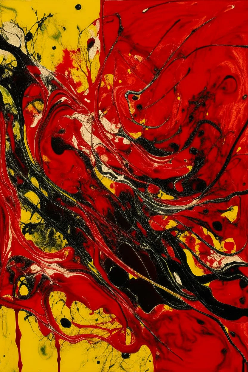 An apple red colored fiery demonic realm painted by Jackson Pollock