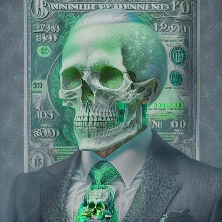 a head and shoulders portrait of a skeleton dressed in a three-piece suit as the president of the united states, based on us currency, united states one dollar bill, shades of green, real-life, colors match the united states one dollar bill, realistic, robotic,