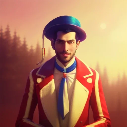 circus, ringleader, Arthur Kulkov, front, handsome, male, Russian, fantasy, anime, at dawn by atey ghailan, mystical colors, Golden hour, Lisa Frank fantasy