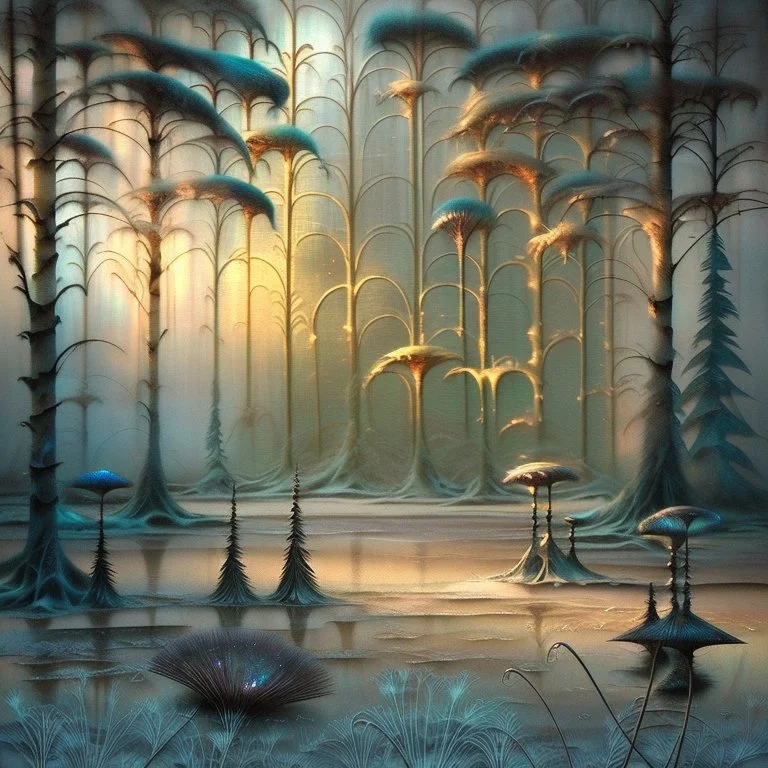 Grunge textured abstract impasto mixed media painting with dripping paint, fantastical otherworldly frozen winterscape with iridescent metallic colors, silver lines, style Amanda Clarke, Andy Kehoe, Feininger, Klimt, Klee. Reflective frozen pond, surrounded by whimsical, filigree, impressive frosted trees standing tall between extraordinary storybook houses; tendrils, grasses, cattails. Dramatic sky with stormy clouds. with mercury glass patina, glowing golden sparks, vibrant iridescent colours,