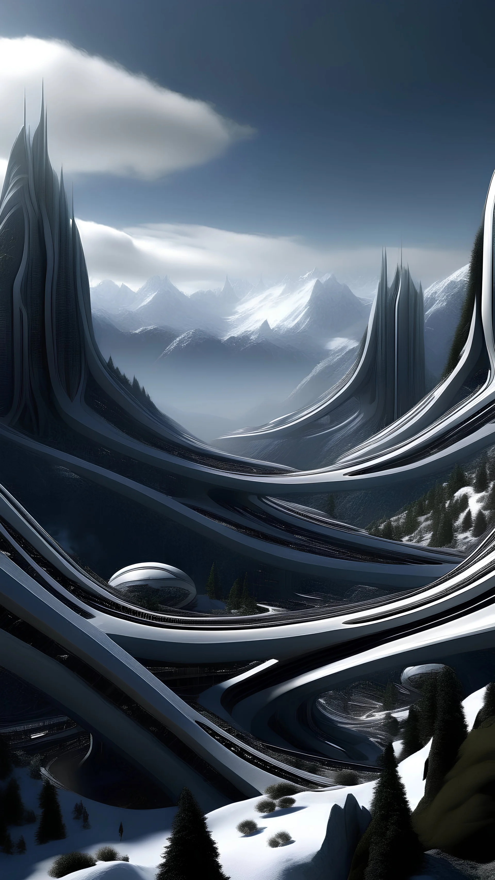 sci fi planet, alpine city, zaha hadid