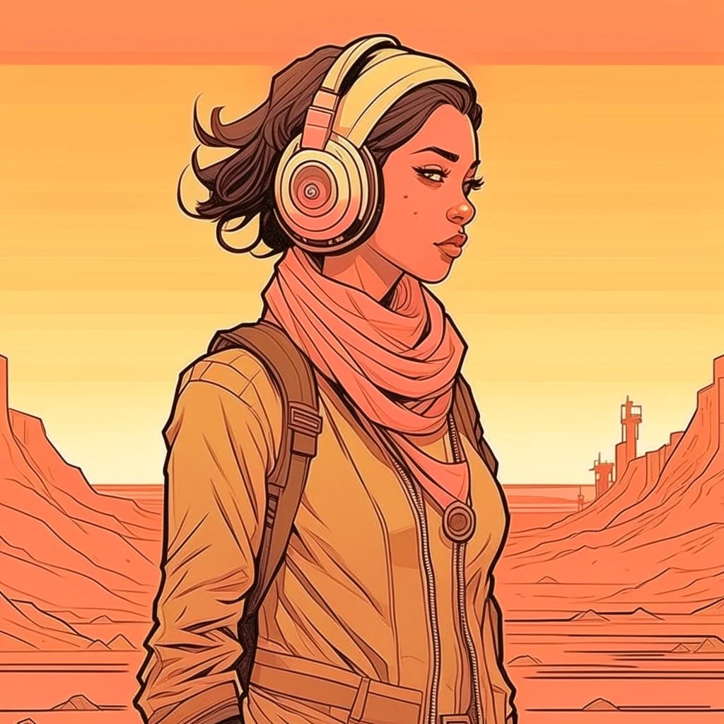 Moebius style scifi pilot girl with headphones and exosuit solid earthy colors with a desert and dusty station in the background