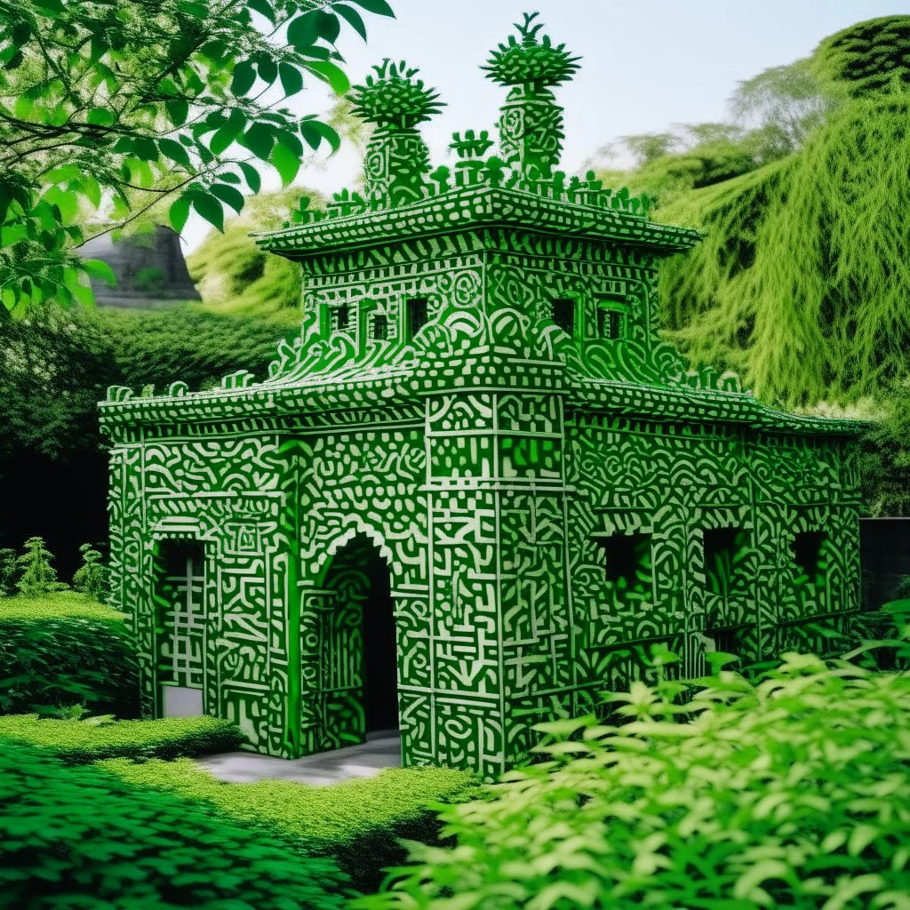A green castle covered in leafy foliage designed in Chinese paper art painted by Keith Haring