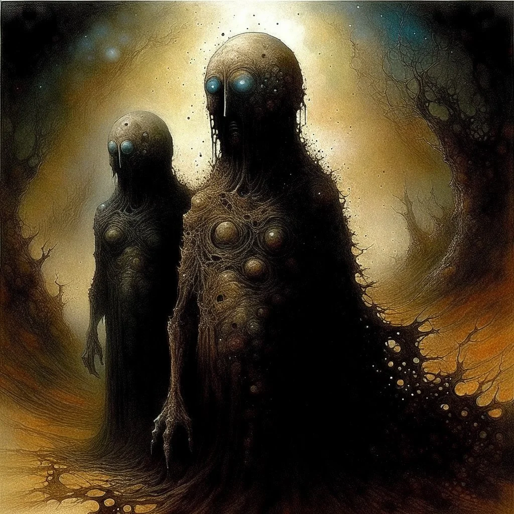 eldritch ruminations on horror, Surreal horror, style by Duy Hunyh and Zdzislaw Beksinski and Victor Pasmore and Ben Goossens, deep-seeded fear of the dark, unsettling, sinister abstraction, watercolor and ink, pointillism