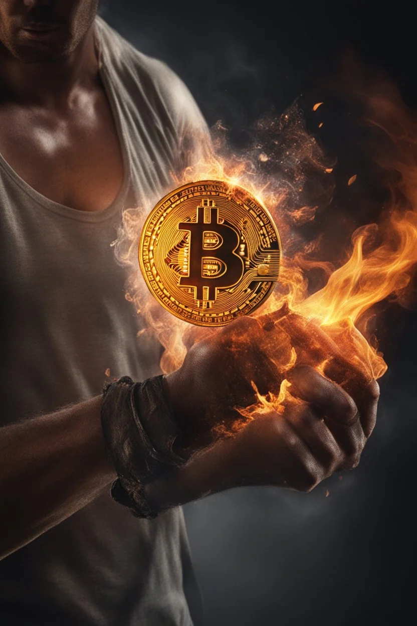 A sizzling Bitcoin logo is steaming from a man's arm. A burning iron had just burned the image on the arm