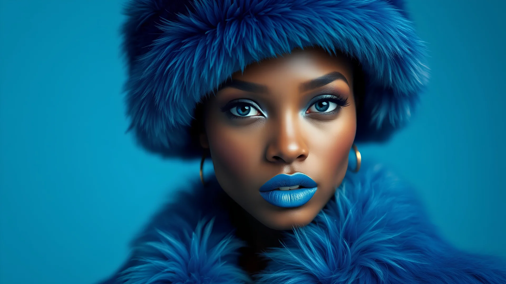 Minimalistic portrait of a beautiful black woman with blue lipstick and big blue eyes wearing, wearing a blue fur hat and a blue fur coat in a haute couture style isolated on a blue background, cinematic lighting, ultra-realistic, shot in the style of Hasselblad X2D + Pishington E Skinner + Peter Coulson, minimalism