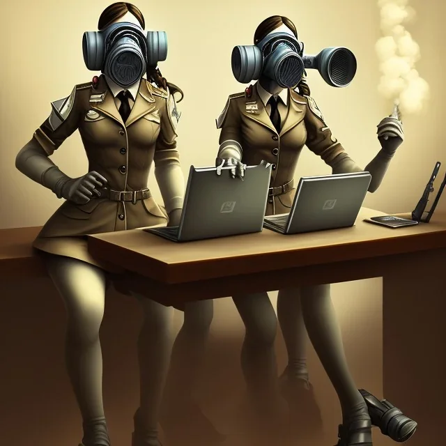 cute girls sitting at the computer in military gas masks. the masks are checkered.