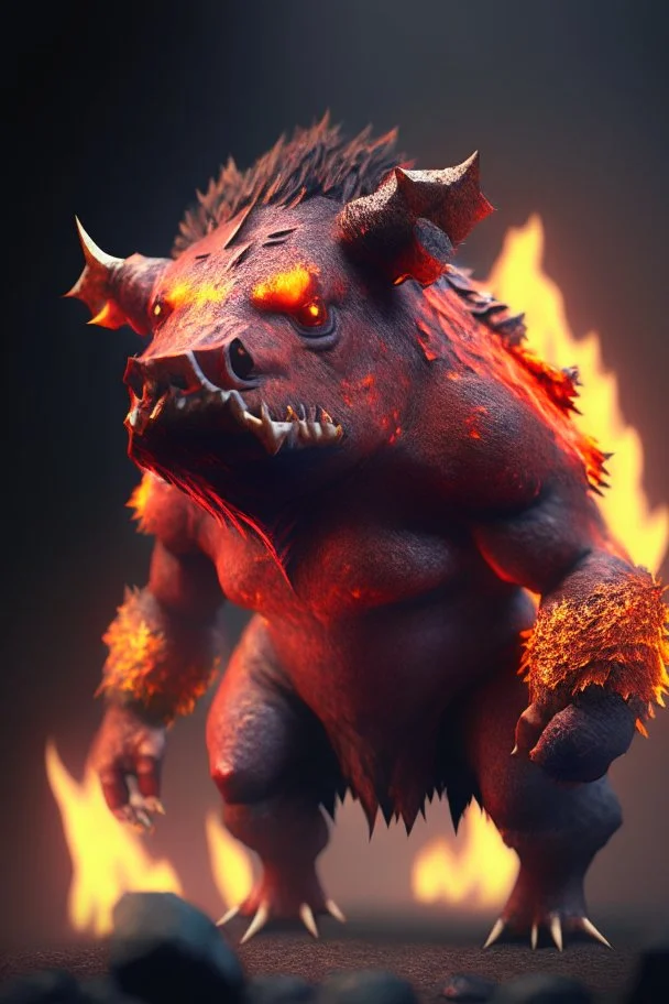 Lava boar humanoid fused , 8k, highly detailed, small minutiae, tiny features, hires, 8k, uhd, realistic shaded volumetric lighting, volumetric, color scheme, toned colors, colorful