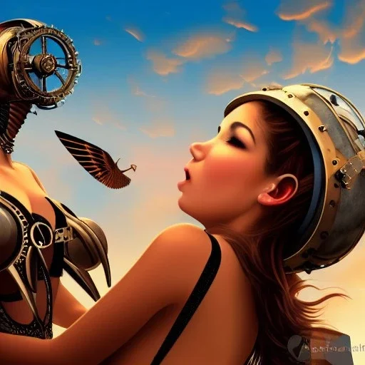 great illustrator, spanish, realistic rendering of a cute spanish girl kissing a cybergirl. steampunk style. Helmet with tubes. Girl with wings. Machinery in the background. Robotic bird flying. High details. 4k. unreal engine, sunset