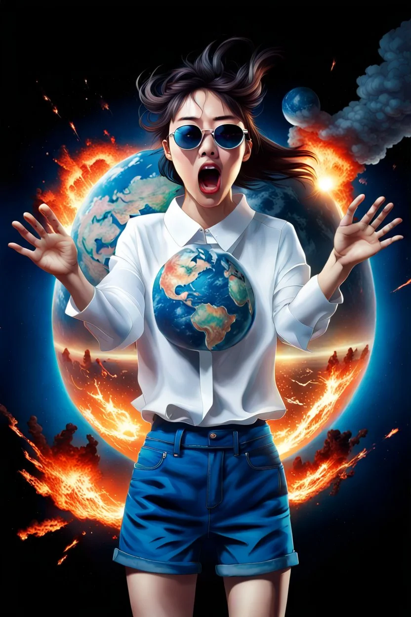 An image of a young Korean woman with a surprised expression, holding her hands up as if she is reacting to a catastrophic event in front of her. She is wearing a white blouse with detail, blue shorts, and sunglasses pushed up onto her head. In front of her, there is a highly detailed planet resembling Earth, dramatically cracking and breaking apart with fiery explosions and molten lava visible at the fractures. Debris is flying outward from the planet. The background is stars/space