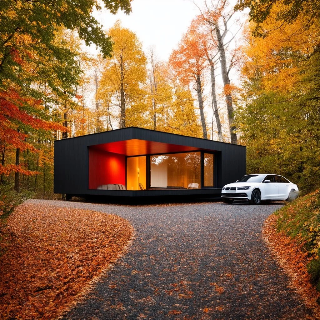 Cozy forest retreat, futuristic modern house in an autumn forest of vibrant colors. Contemporary design with clean lines and large windows, which radiate a feeling of warmth and comfort. A white car parked on the winding driveway leading to the house adds a touch of modernity to the rustic surroundings. The path is dotted with fallen leaves. Around the house, dense mix of green, orange and yellow foliage. 8k