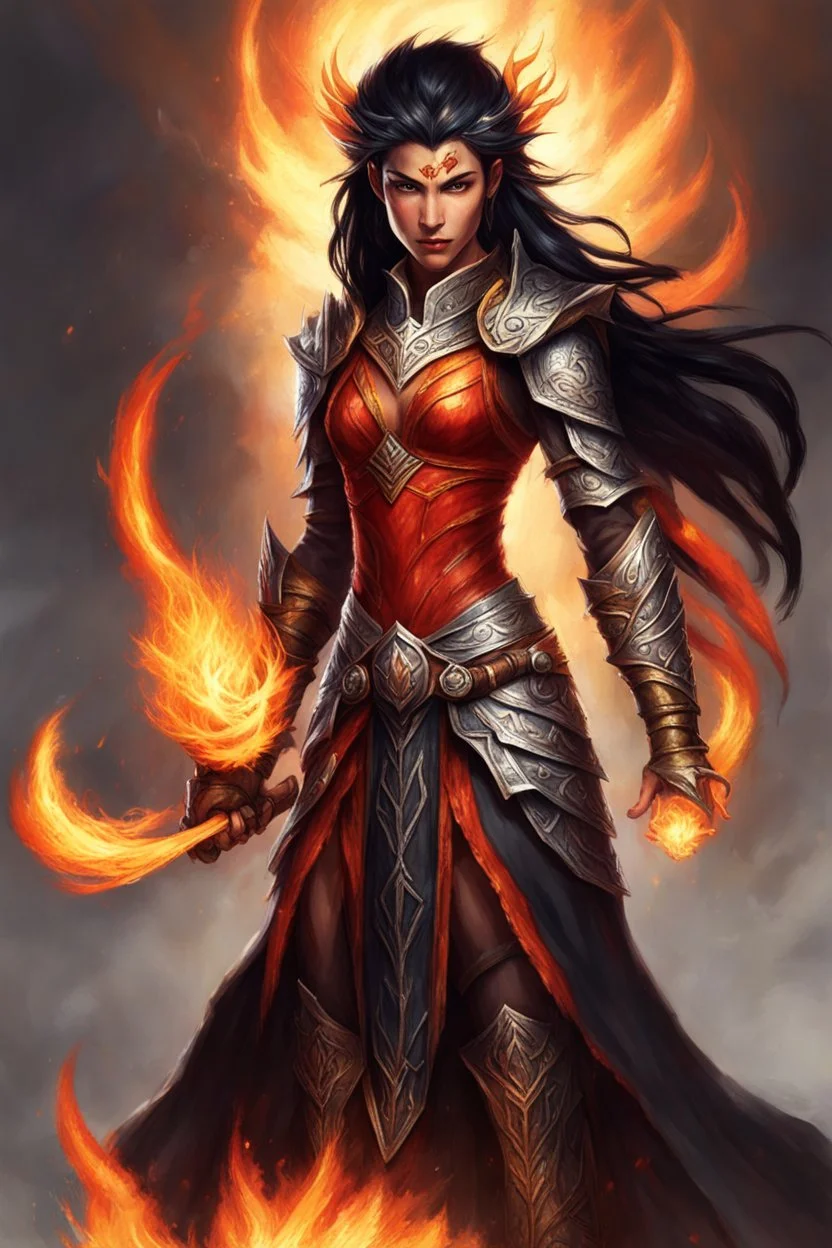 Picture a fierce eladrin druid with blazing jet-black hair, half braided and half down, emitting flames as she conjures fire with her hands. Her eyes shine bright red, and a big scar on her face tells of battles fought. Clad in light armor, she embodies strength and elemental mastery, with her flaming hair adding to the intensity.