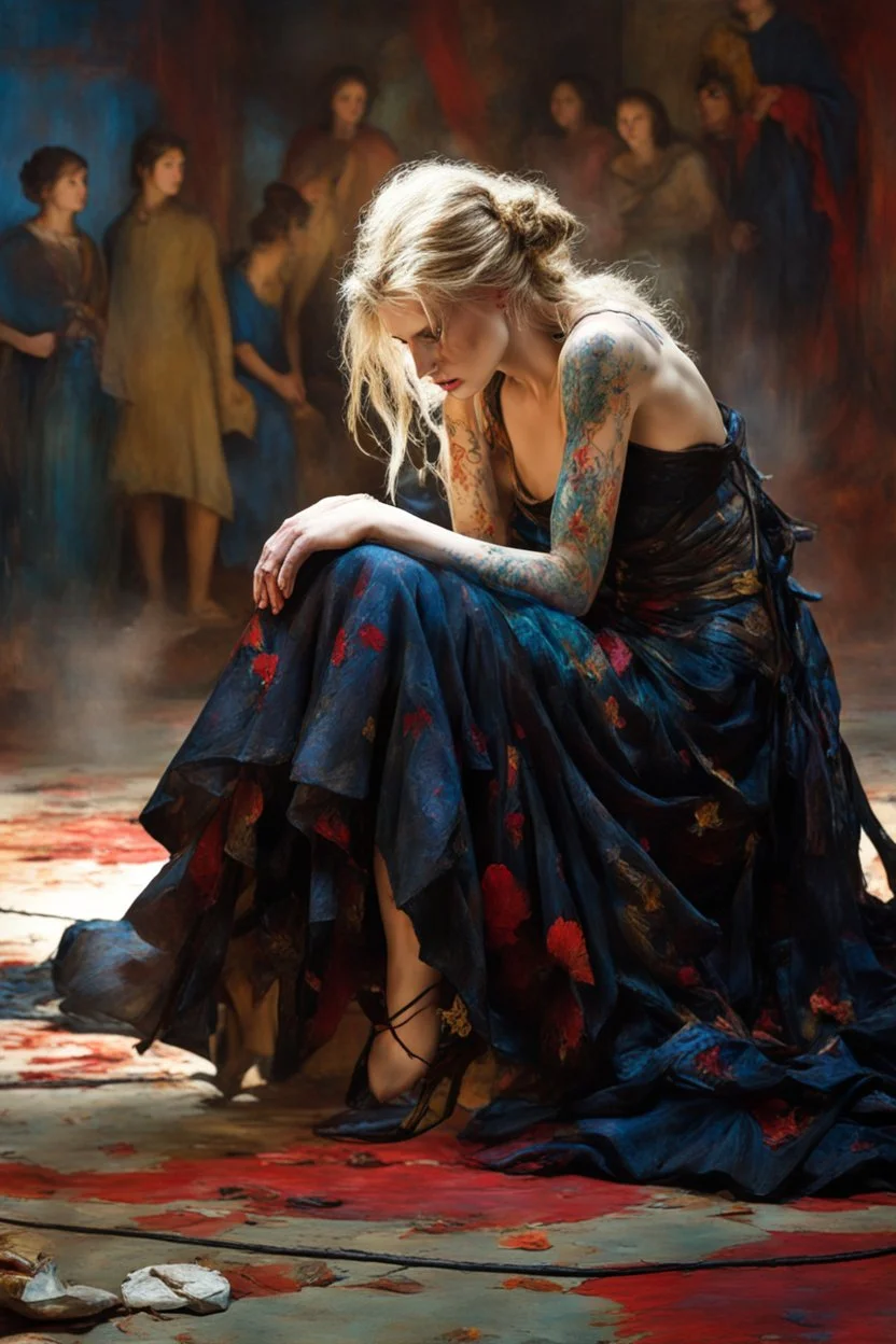 Bound and thrown to the floor, a woman exudes vulnerability in a fantastical setting. Her tattered gown clings to her bruised skin, hair tangled and wild. The scene is depicted in a stunning photo, showcasing intricate details and vivid colors. it captures the desperation and strength in her eyes, making the viewer feel the intensity of her situation. This masterful image blends beauty with turmoil, immersing the audience in a powerful narrative.