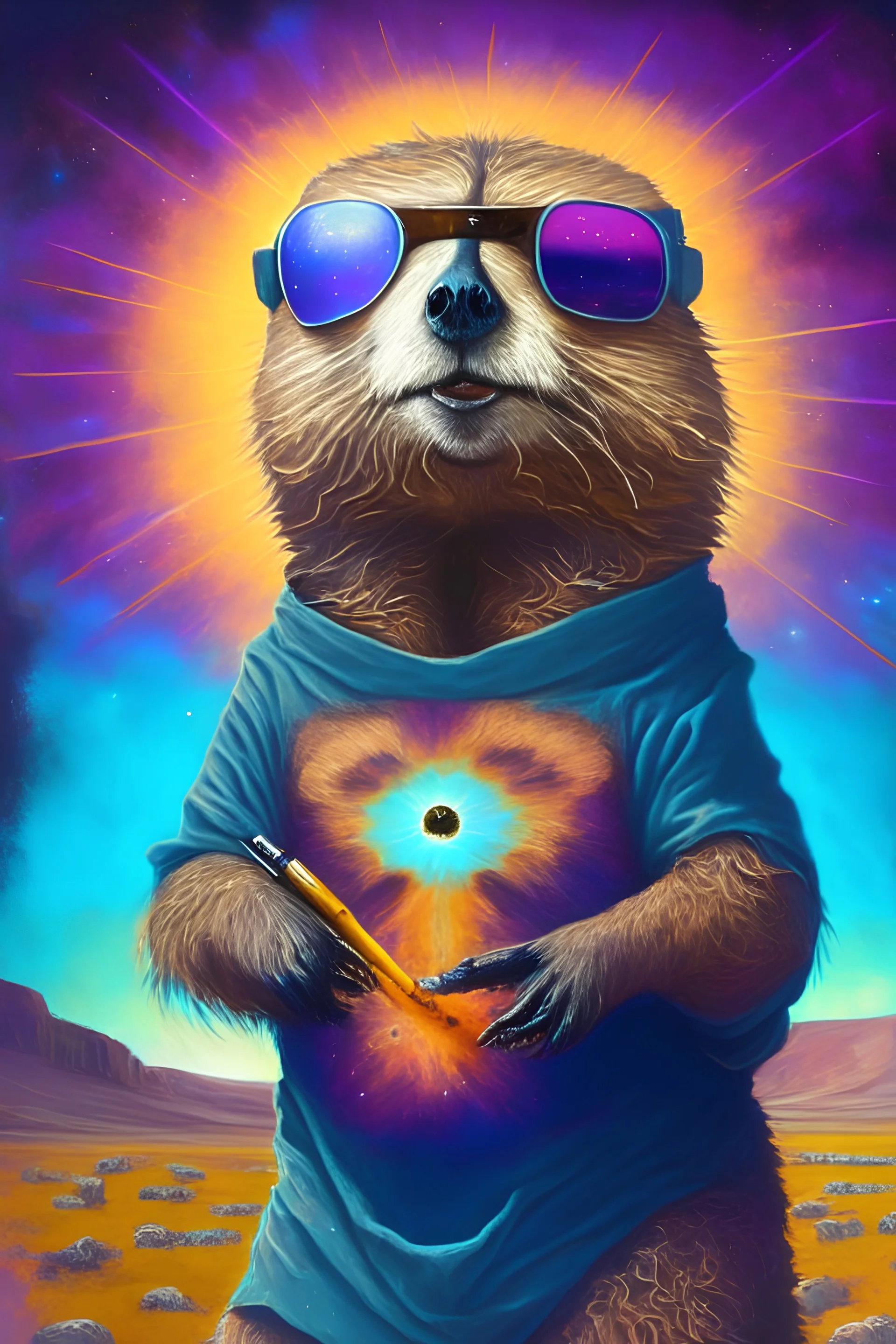 cosmic Prairie dog painter with sunglasses short hair, beard and satanical aspect