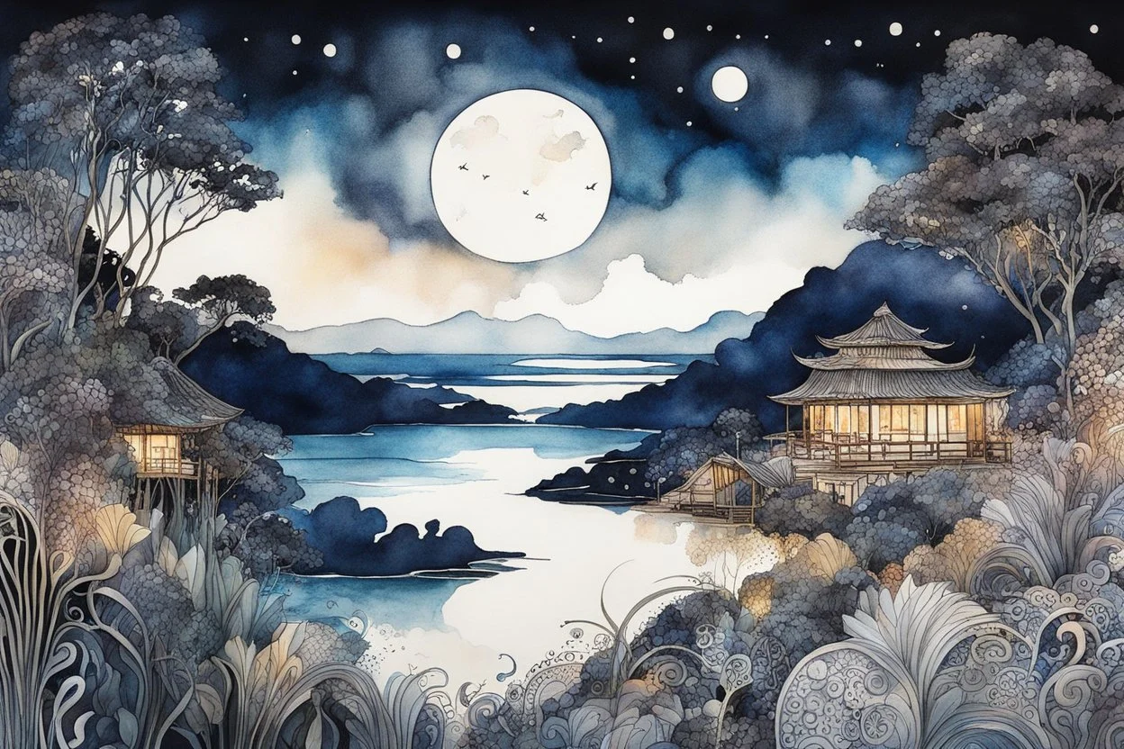 ink wash and watercolor random color Zentangle patterns in the styles of Gustav Klimt ,Wassily Kandinsky, Alphonse Mucha, and Kay Nielsen that depicts an idyllic moonlit South Pacific island landscape, with fine ink outlining