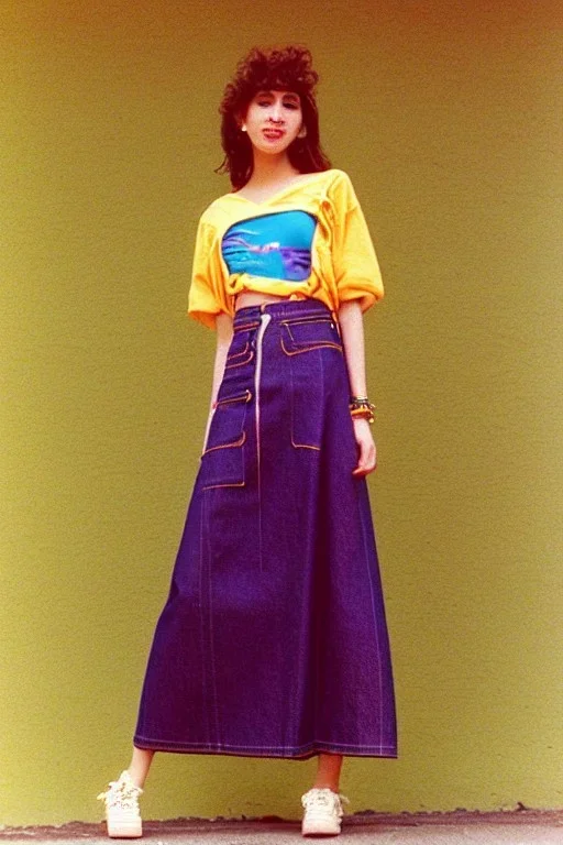 year 1996 denim fashion. Loose skirt, low waist. Colors: denim blue, blue, purple, cream, khaki, light green, lilac, plum, orange, terracotta, red, light yellow, lion yellow, pink, dark blue, beige. Gwen Stephani