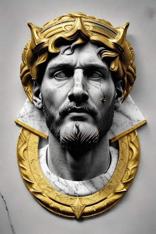 Ultra Realistic image, Roman sculpture, white marble material, Lionel Messi, gold Laurel leaves wreath, renaissance ornaments, radial gold lines, one gold star in heart, radial wave lines ornament, geometric ornaments, blue marble background, chisel style, waist up portrait, emperor style, epic, celestial, cinematic lighting, God light, god rays, 4k resolution, smooth details, ornate details, soft lighting, unreal engine 5, art station, substance 3d.