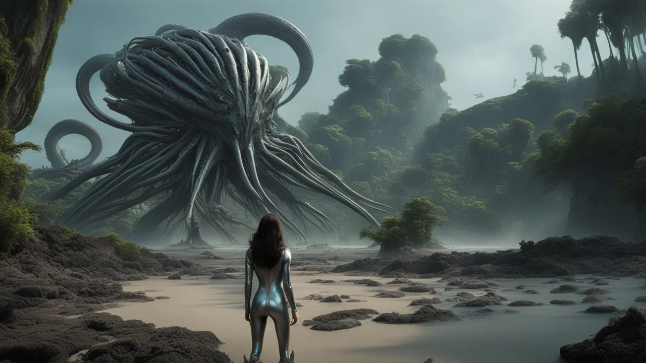 Wide-angle shot of a woman, standing on the right side on an alien beach, with dark hair in a silver robotic catsuit, many floating aliens with long tentacles, alien jungle trees in the distance detailed matte painting, deep colour