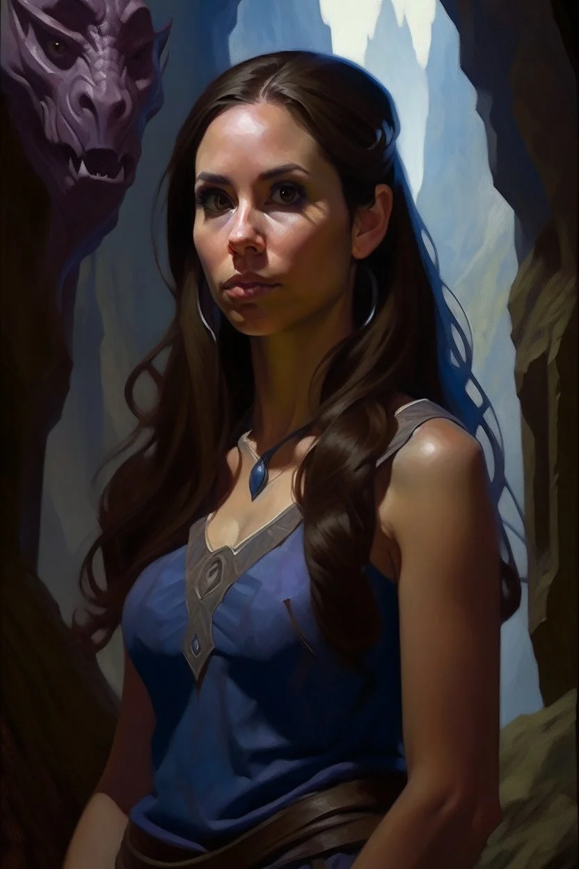 1970's dark fantasy cover dnd style oil painting of abella danger in a minimalist far perspective.