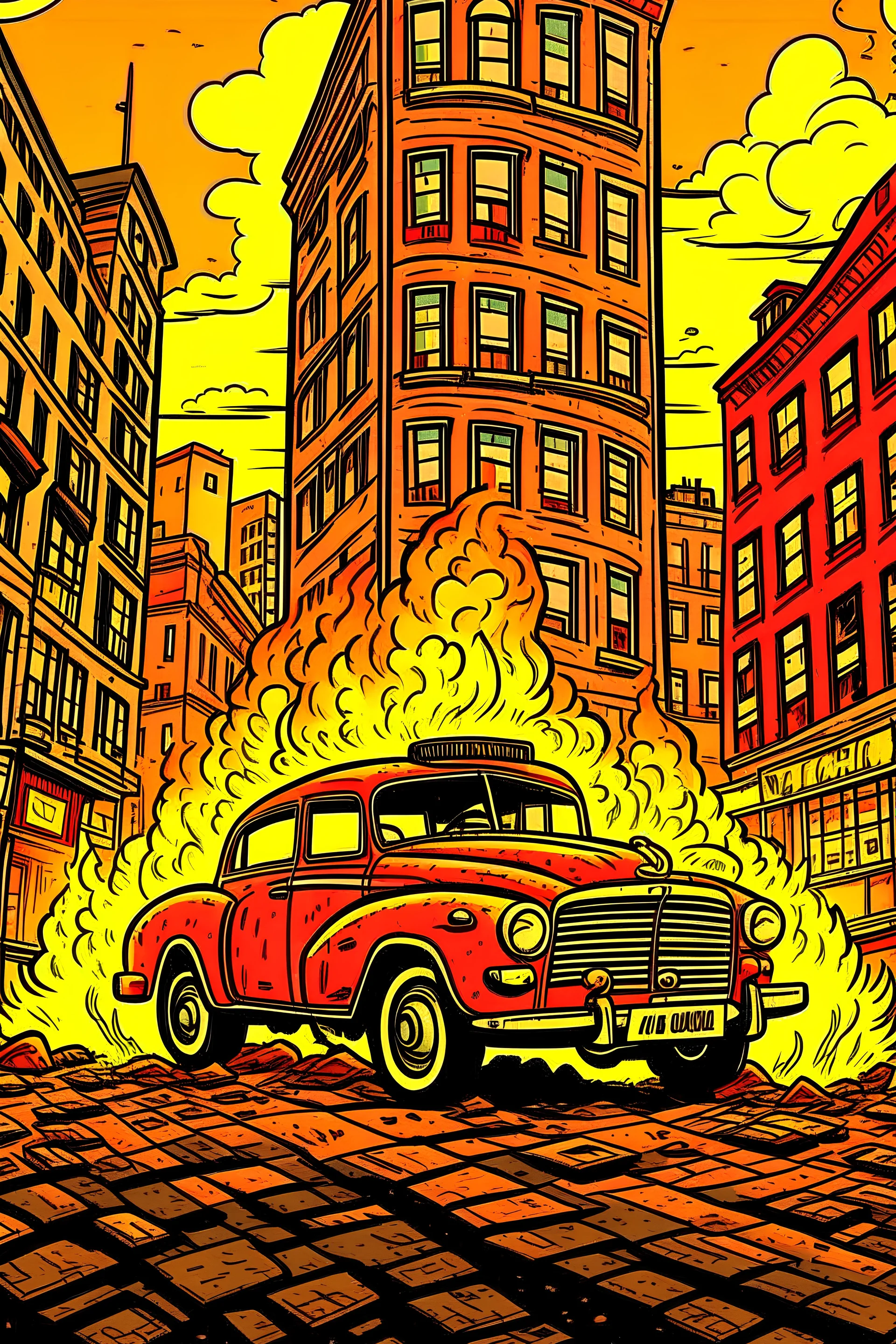 Burning oldtimer car in the city, psycho, borderlands, cartoon
