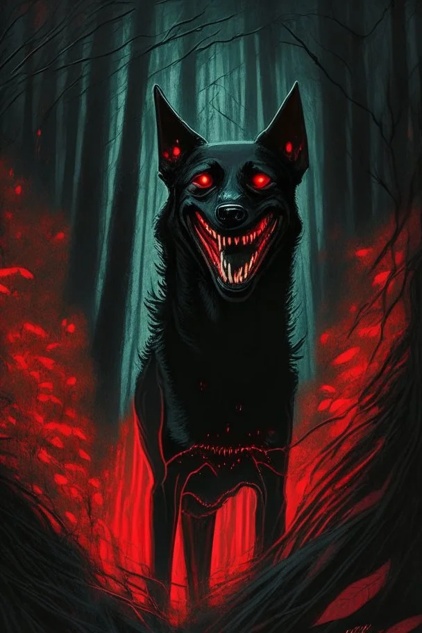 in the style of William Adolphe Bouguereau, a monstrous black hound with red, glowing eyes and sharp teeth, a wicked grin in a dark forest