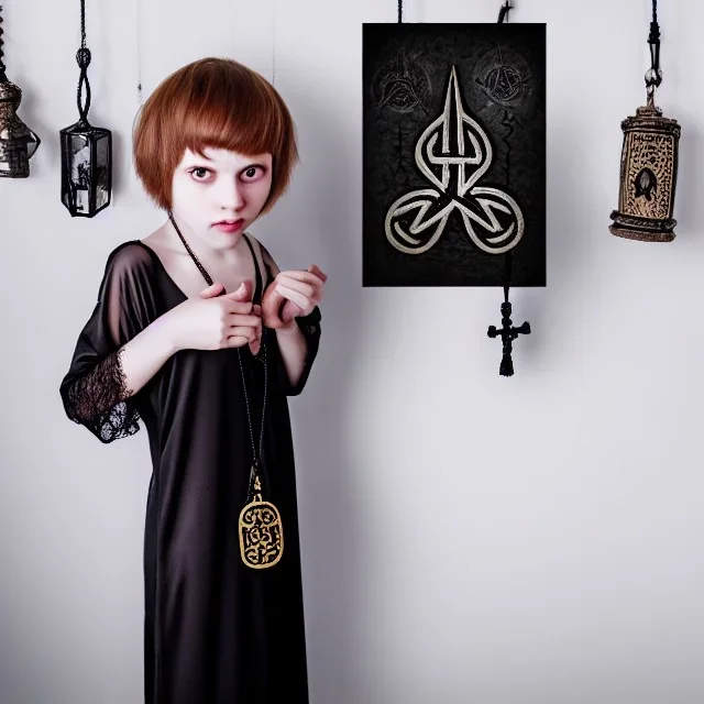 Realistic photo Russian shorthair tomboy with black magic amulet on the neck boyish face men's look boys face boylike in lacy girlish nightgown in girlish room with amulets of black magic and symbols of evil forces on the wall