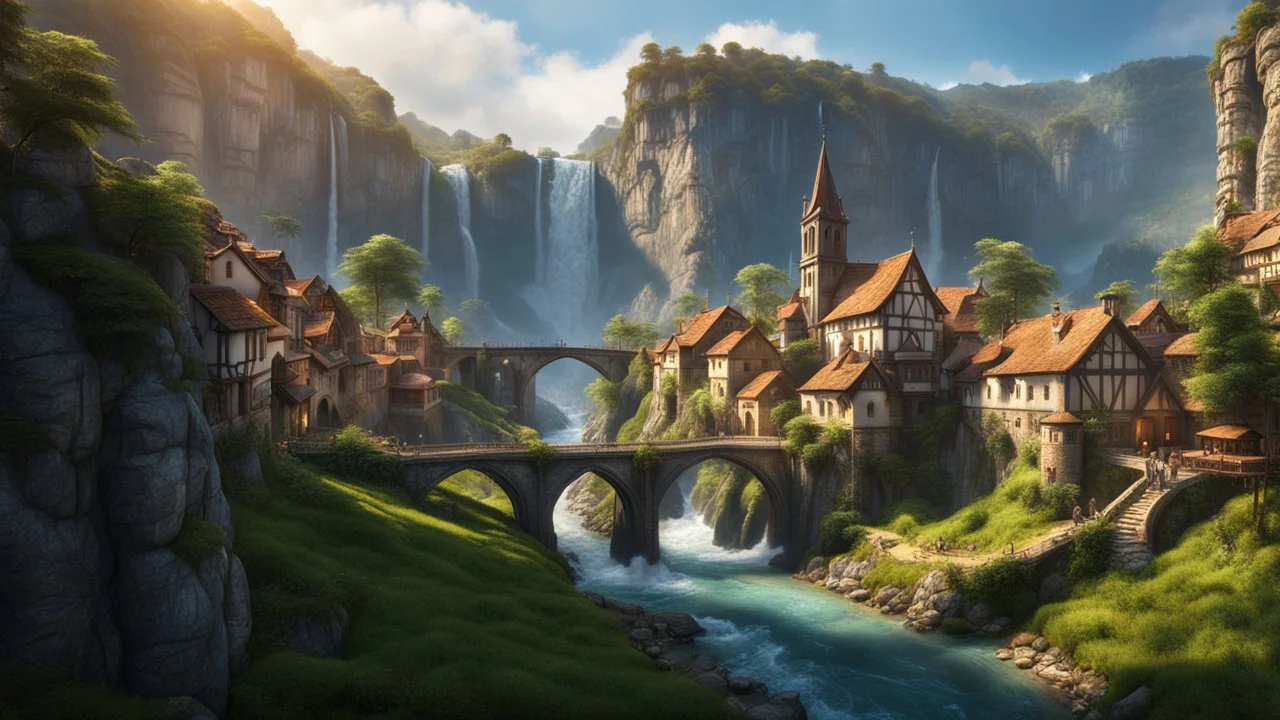 a small medieval town at the foot of multiple waterfalls. a steep, narrow, tall cliff valley. a masterpiece, fantasy concept art, dynamic lighting, hyperdetailed, intricately detailed, deep color, Unreal Engine, volumetric lighting, Epic cinematic brilliant stunning intricate meticulously detailed dramatic atmospheric maximalist digital matte painting