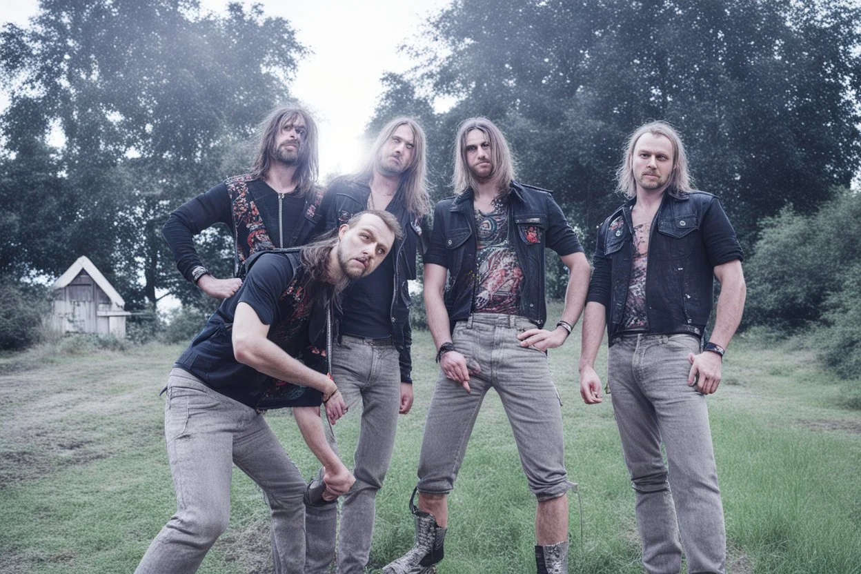 heavy metal band posing front of a sign thats says "Kebab Brothers" in neon light