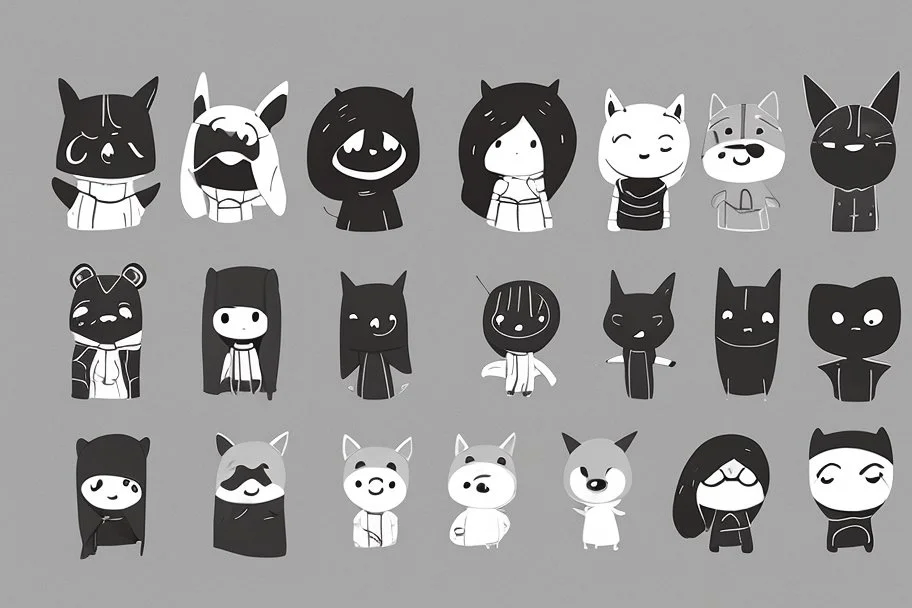 6 simple shaped hand drawn cartoon characters that are cute dark and have hoodies