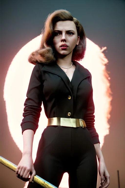 retro portrait image from 1960, New York explosion, long hair, young Scarlett Johansson, classic black tight lycra suit, weapon metal sticks, gold bracelet and belt, high heel boots, soft color, highly detailed, unreal engine 5, ray tracing, RTX, lumen lighting, ultra detail, volumetric lighting, 3d, finely drawn, high definition, high resolution.