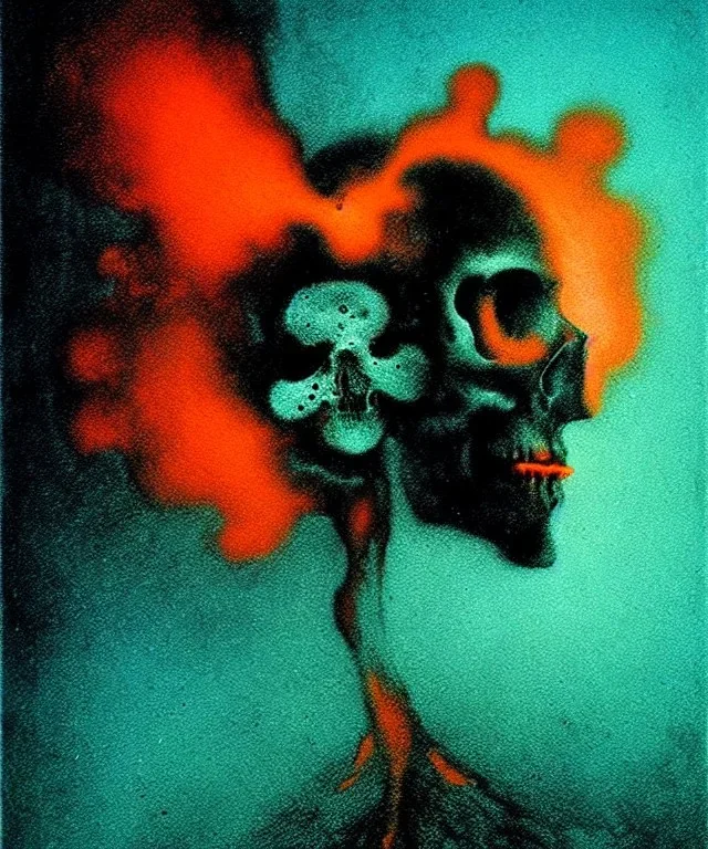 broken skull. black background. smoke and explode. particles in air. teal and orange. abstract. beksinski.